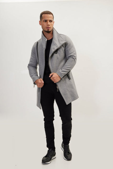 Asymmetrical Zipper Closure Overcoat - Grey