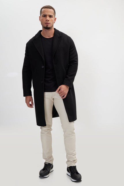 Fitted Notch Lapel Overcoat - Black