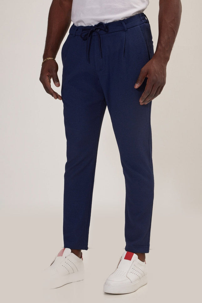 Front Pleated Waffle Pants - Navy