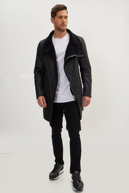 Shearling Asymmetrical Closure Coat - Black
