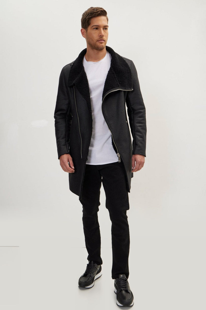 Shearling Asymmetrical Closure Coat - Black