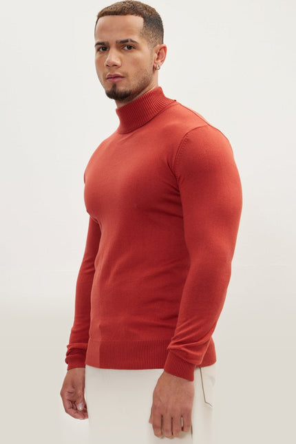 Roll Neck Knit Sweater - Brick