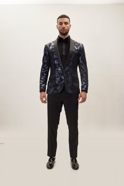 Foil Brush Strokes Shawl Lapel Tuxedo Jacket - Navy