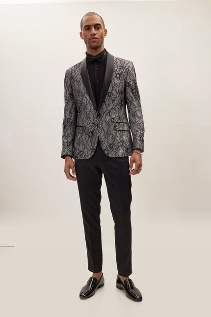 Lace Metallic Floral Lapel Tuxedo Jacket - Black