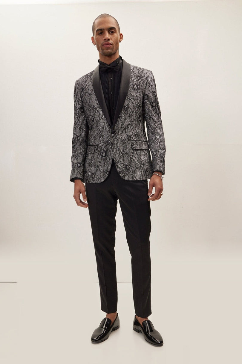 Lace Metallic Floral Lapel Tuxedo Jacket - Black