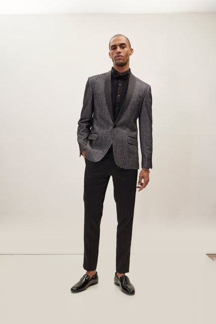 Checkered Lace Weave Shawl Lapel Tuxedo Jacket - Black White