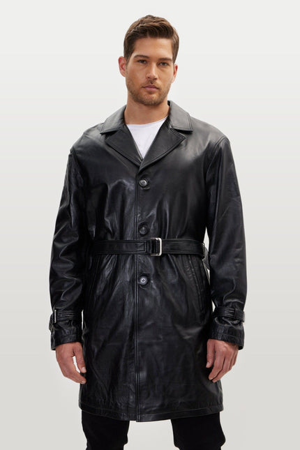 Belted Leather Trench Coat - Black