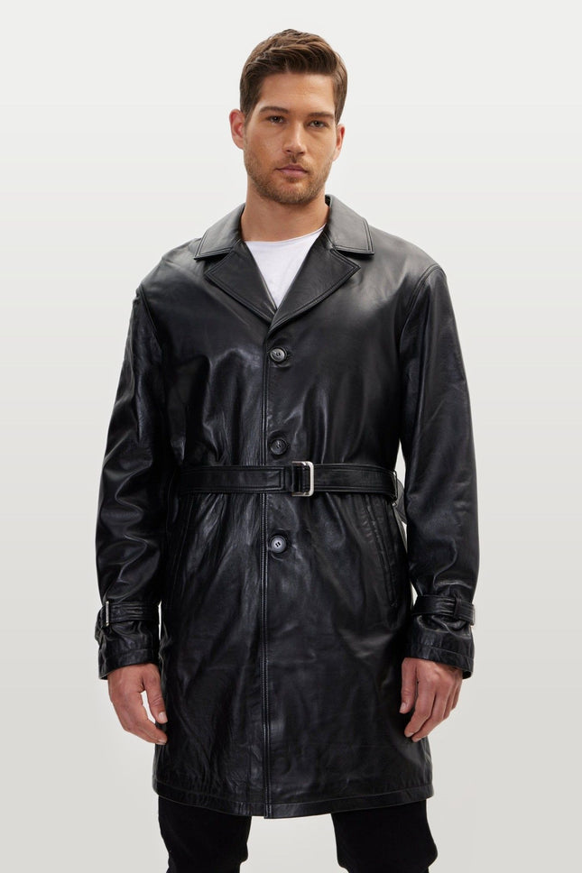 Belted Leather Trench Coat - Black