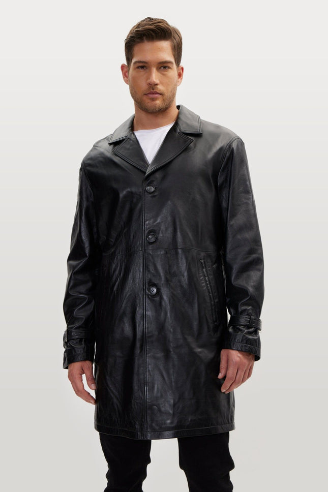 Belted Leather Trench Coat - Black