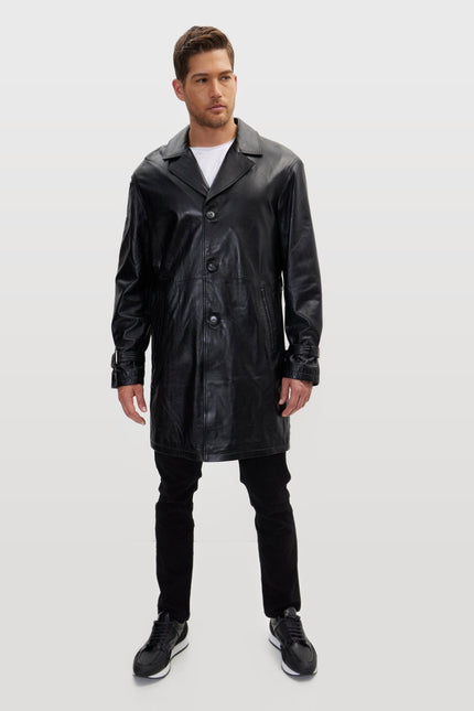 Belted Leather Trench Coat - Black