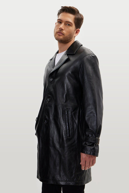 Belted Leather Trench Coat - Black
