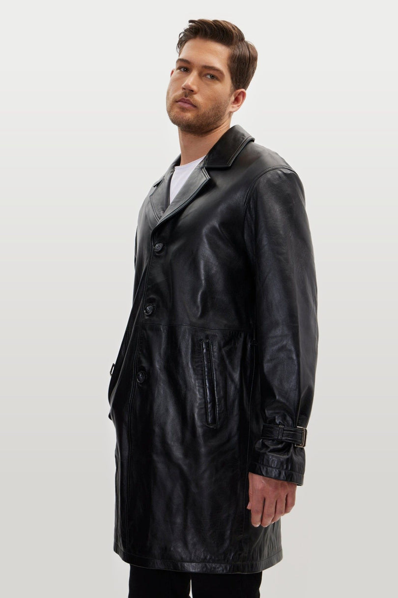 Belted Leather Trench Coat - Black