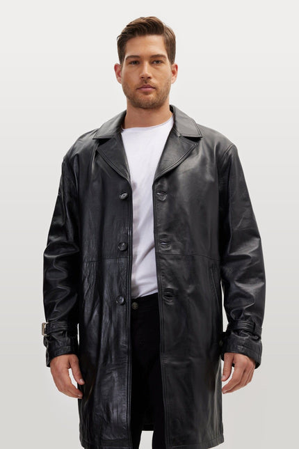 Belted Leather Trench Coat - Black