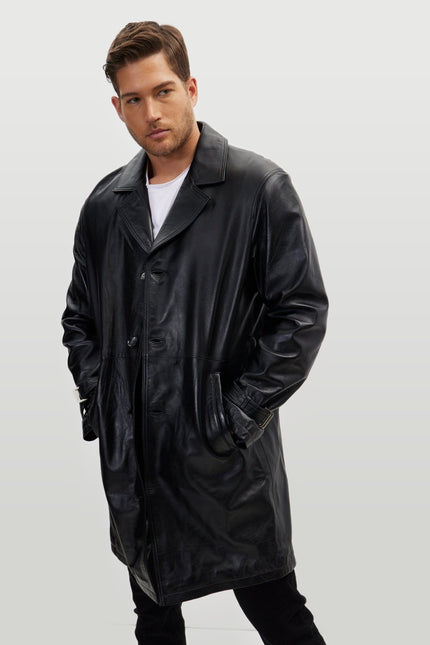 Belted Leather Trench Coat - Black