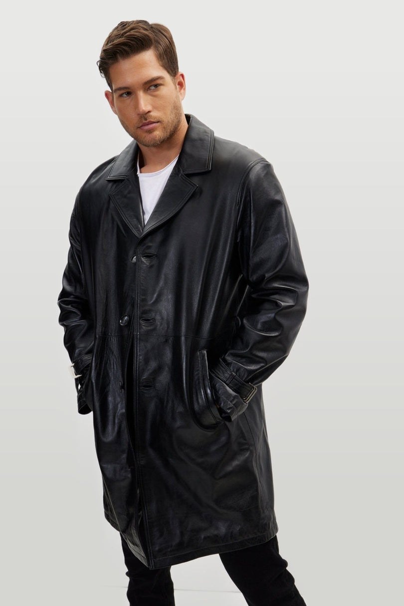 Belted Leather Trench Coat - Black