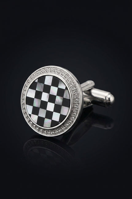 Checkered Circular Cufflinks Stud Set Silver - detail