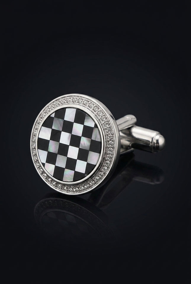 Checkered Circular Cufflinks Stud Set Silver - detail