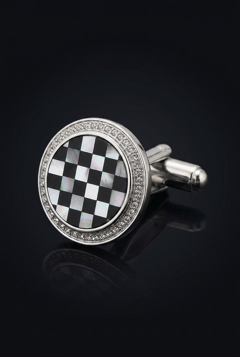 Checkered Circular Cufflinks Stud Set Silver - detail