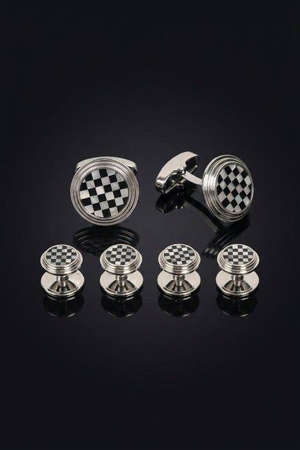 Checkered Circular Cufflinks Stud Set Silver - set