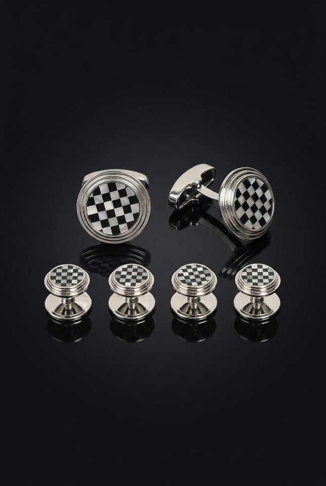 Checkered Circular Cufflinks Stud Set Silver - set