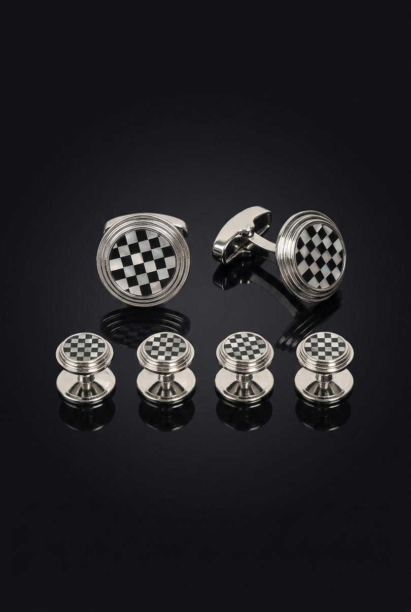 Checkered Circular Cufflinks Stud Set Silver - set