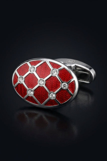 Crystal Encrusted Stainless Steel Cufflinks Red Silver - detail