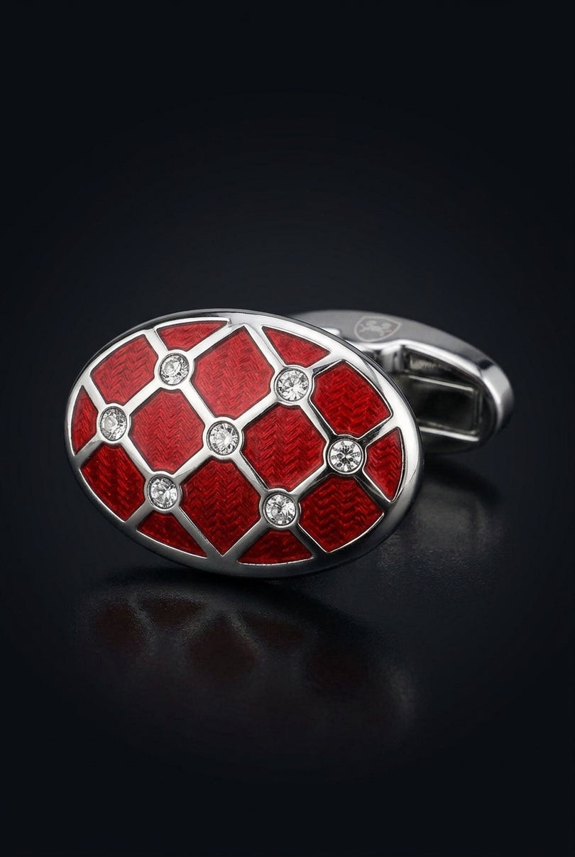 Crystal Encrusted Stainless Steel Cufflinks Red Silver - detail