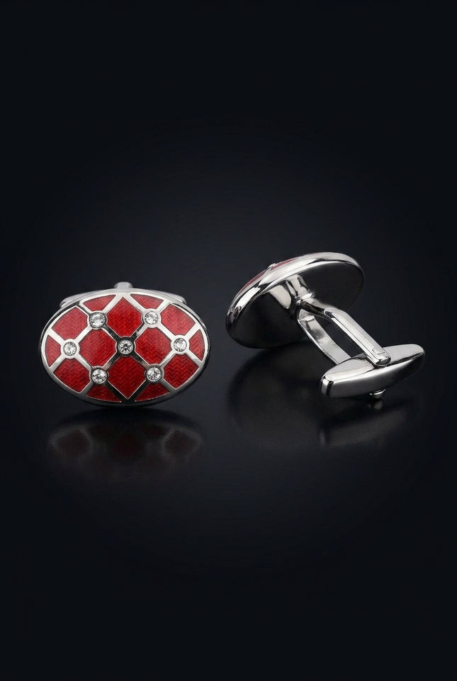 Crystal Encrusted Stainless Steel Cufflinks Red Silver - pair