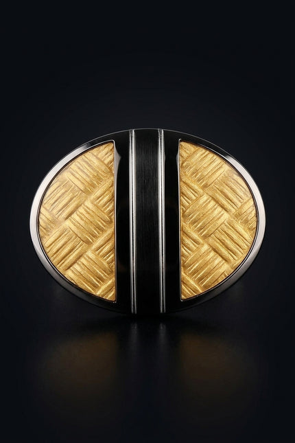 Brushed Herringbone Stainless Steel Cufflinks Silver Yellow - detail