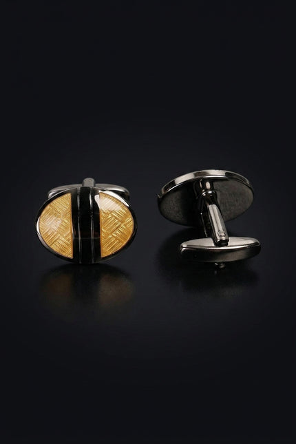 Brushed Herringbone Stainless Steel Cufflinks Silver Yellow - pair