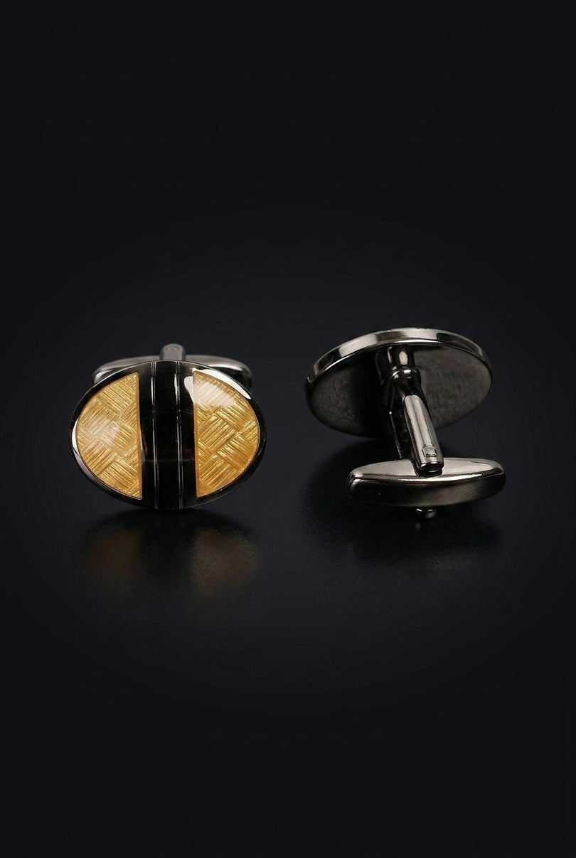 Brushed Herringbone Stainless Steel Cufflinks Silver Yellow - pair