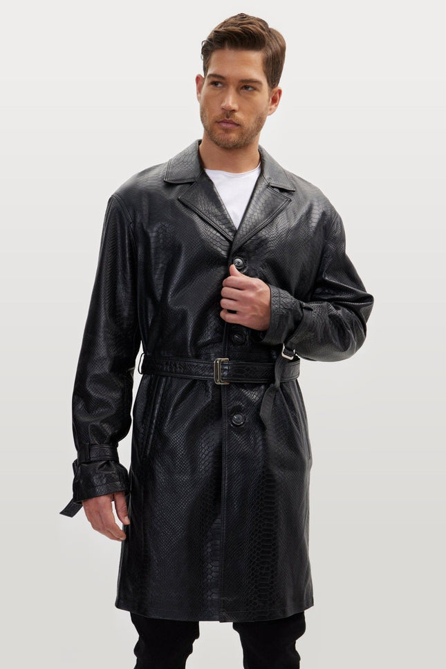 Belted Leather Trench Coat - Black