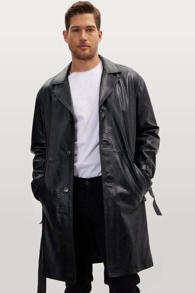 Belted Leather Trench Coat - Black