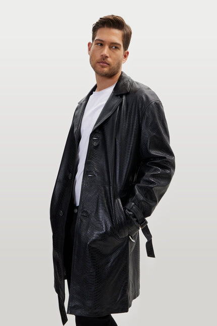 Belted Leather Trench Coat - Black