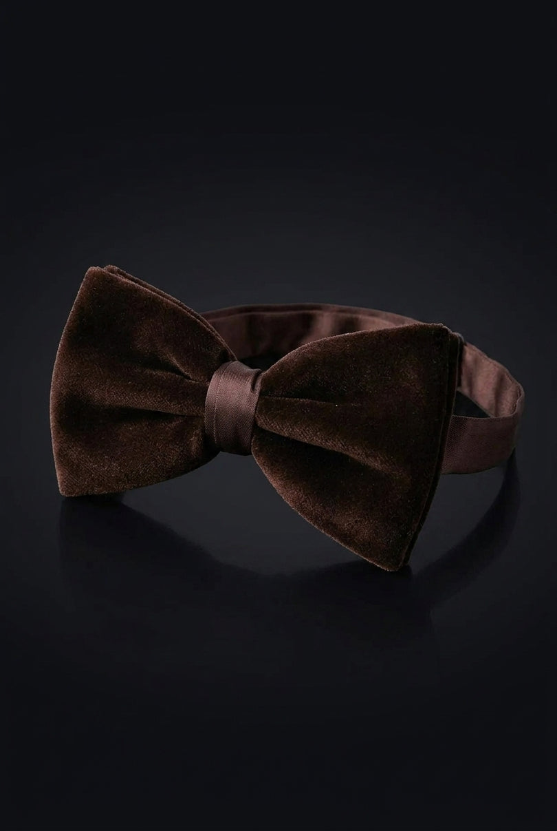 Cotton Velvet Pre-Tied Bow Tie - Brown - angle