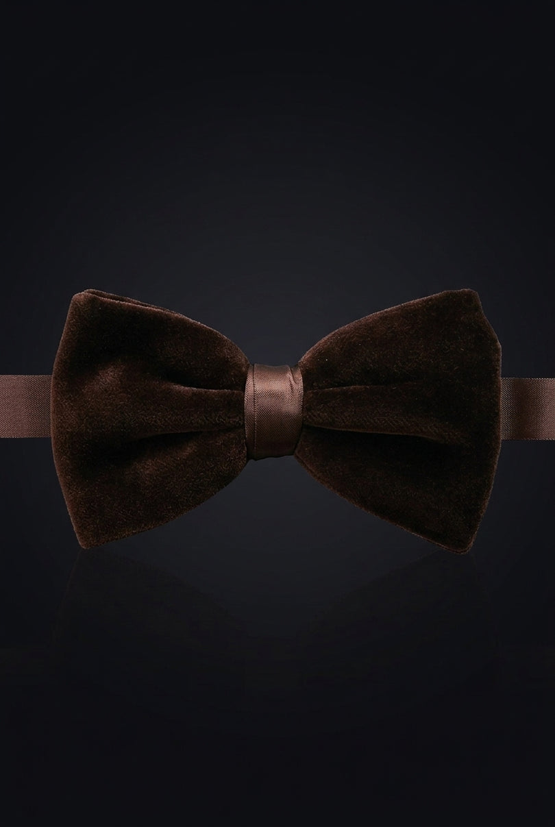 Cotton Velvet Pre-Tied Bow Tie - Brown - front
