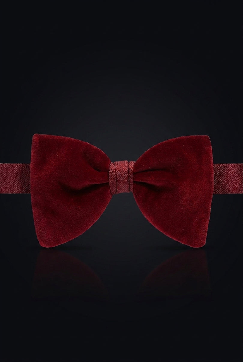 Cotton Velvet Pre-Tied Bow Tie - Dark Red - front