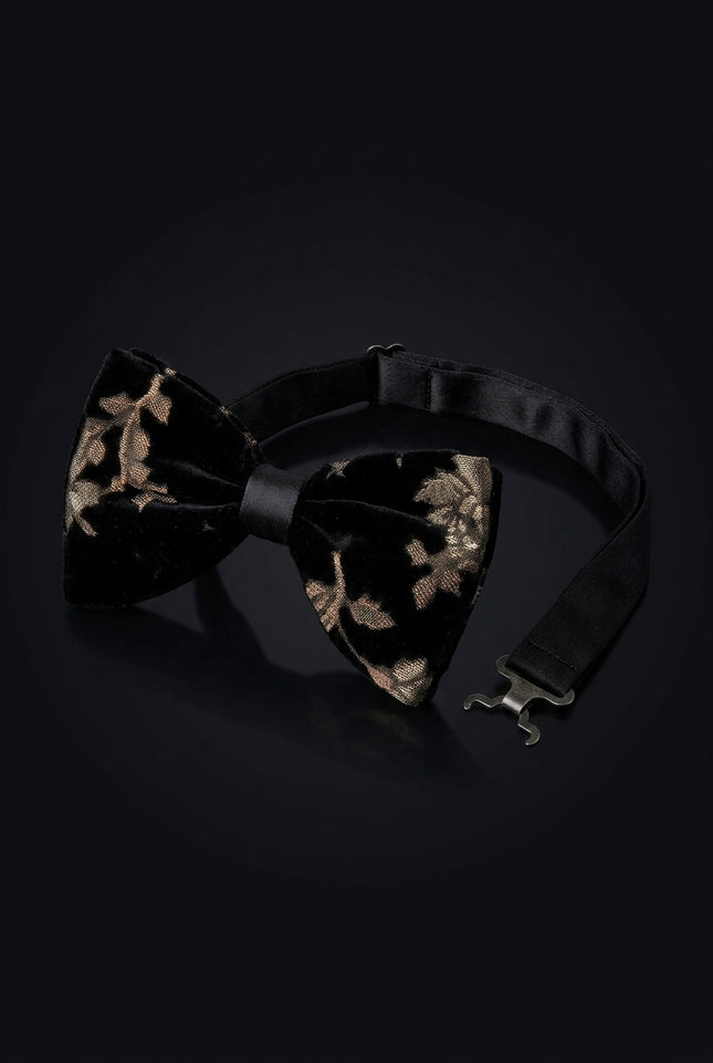 Cotton Velvet Pre-Tied Bow Tie - Black Gold - angle