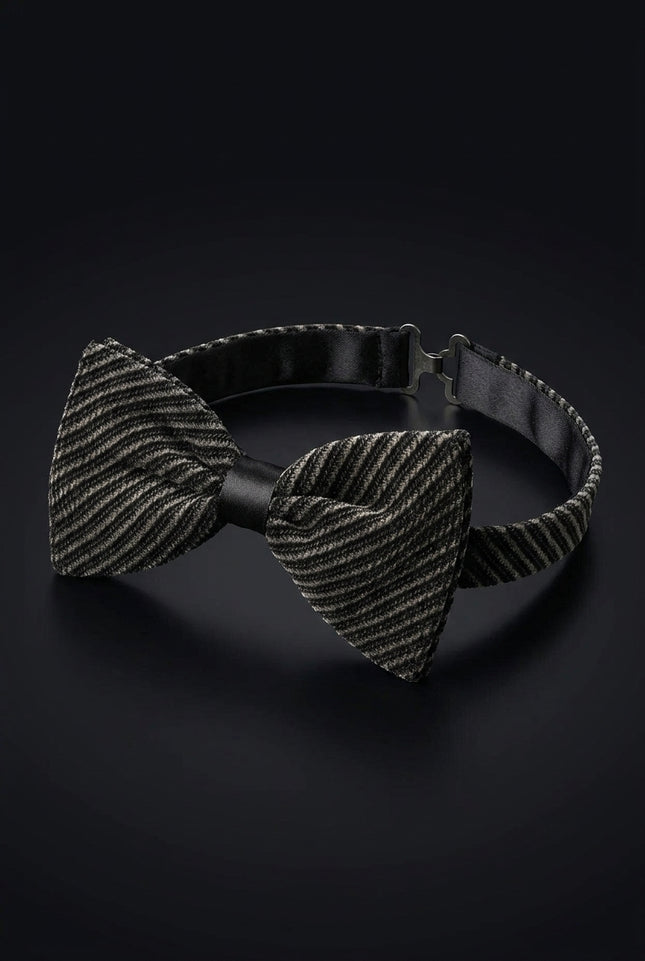 Cotton Velvet Pre-Tied Bow Tie - Black Beige - angle