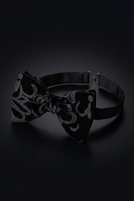 Cotton Velvet Pre-Tied Bow Tie - Black Grey - angle