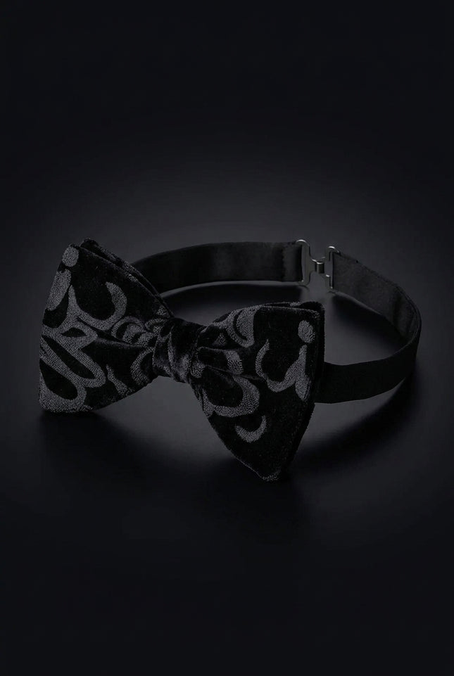 Cotton Velvet Pre-Tied Bow Tie - Black Grey - angle