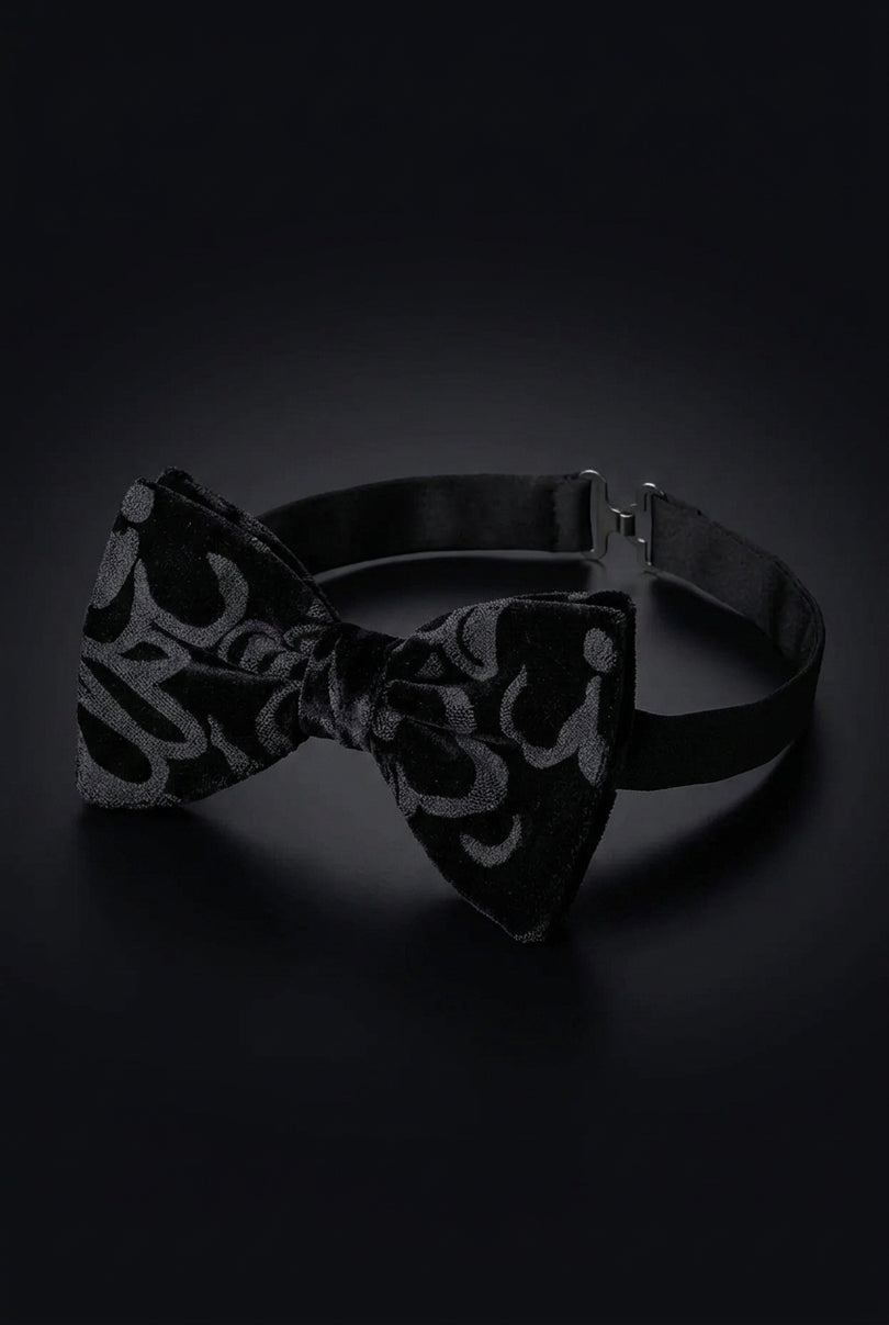 Cotton Velvet Pre-Tied Bow Tie - Black Grey - angle