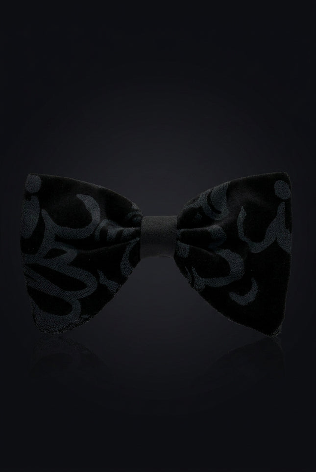 Cotton Velvet Pre-Tied Bow Tie - Black Grey - front