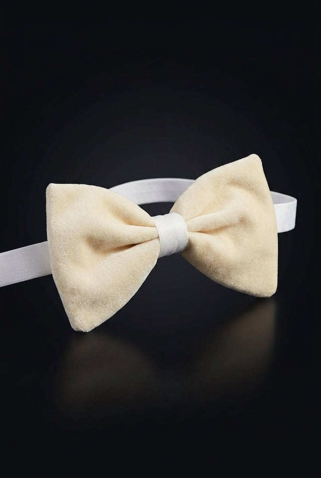 Cotton Velvet Pre-Tied Bow Tie - Beige - angle