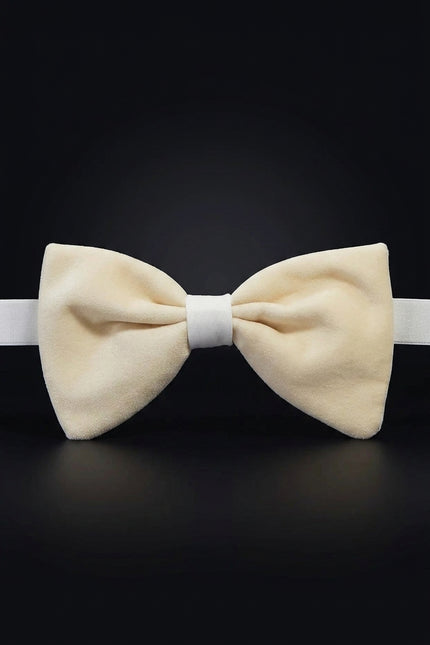 Cotton Velvet Pre-Tied Bow Tie - Beige - front