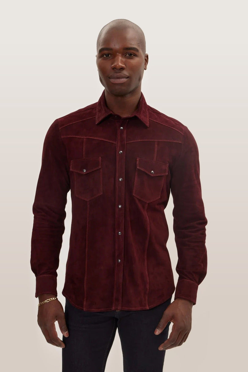 Men's Genuine Suede Leather Fitted Shirt - Burgundy