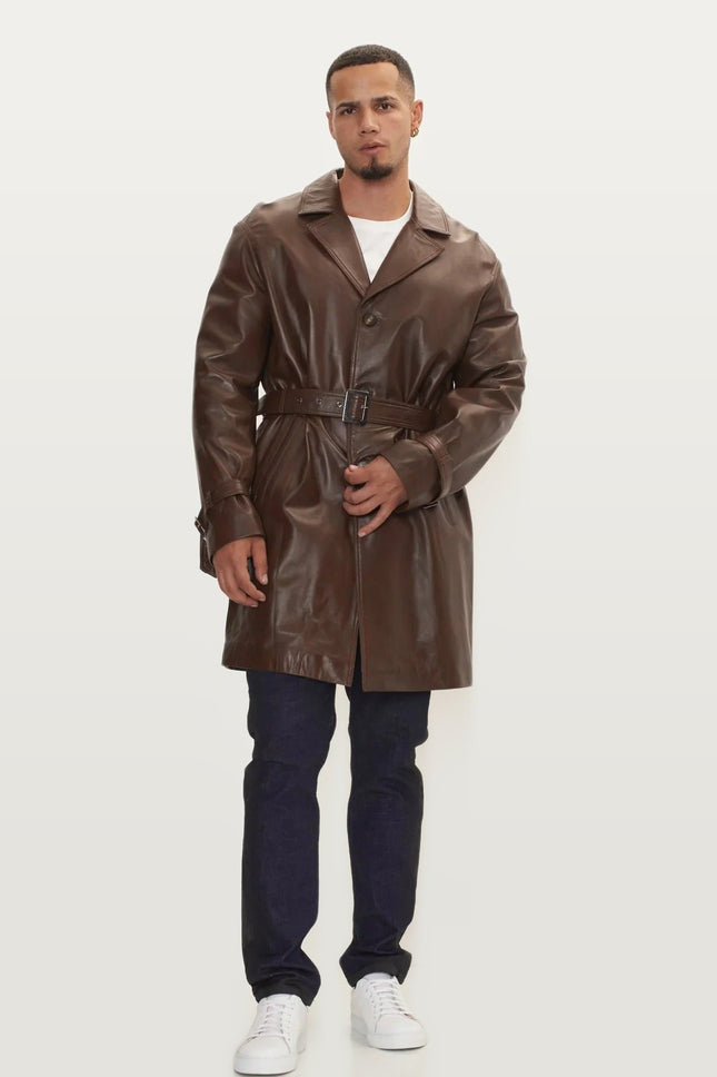 Belted Leather Trench Coat - Dark Brown