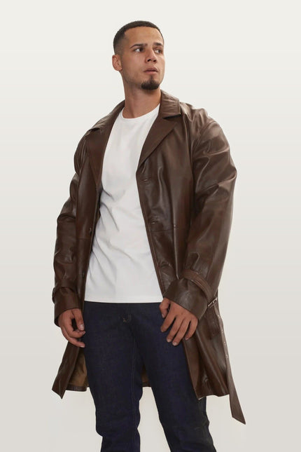 Belted Leather Trench Coat - Dark Brown