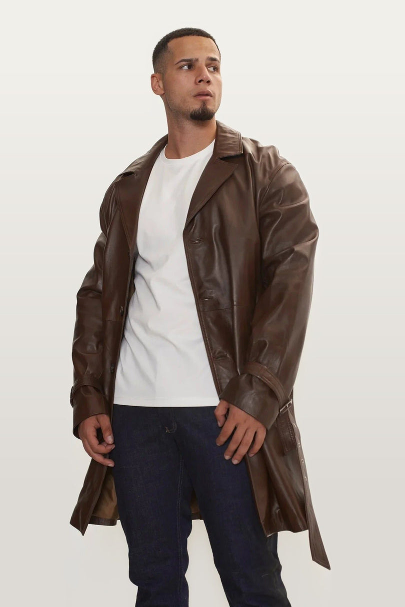 Belted Leather Trench Coat - Dark Brown