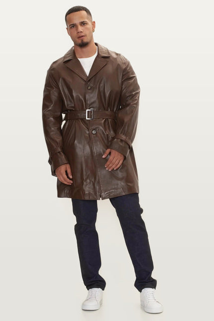 Belted Leather Trench Coat - Dark Brown